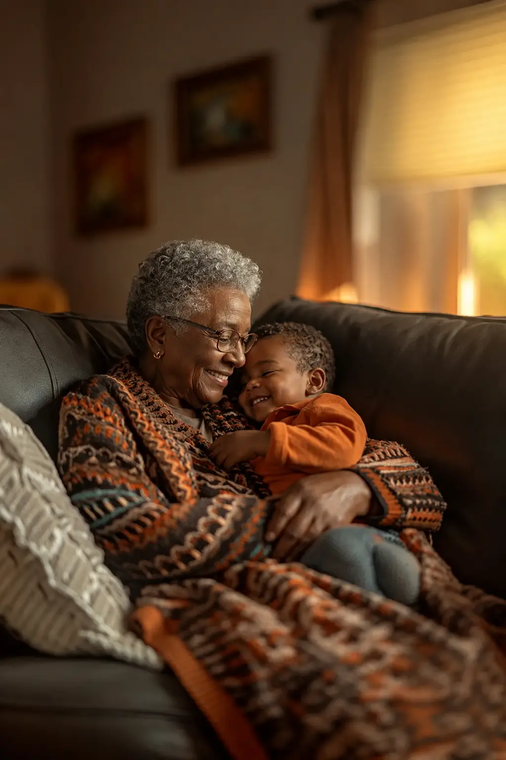 A grandmother and granddaughter sharing a tender moment