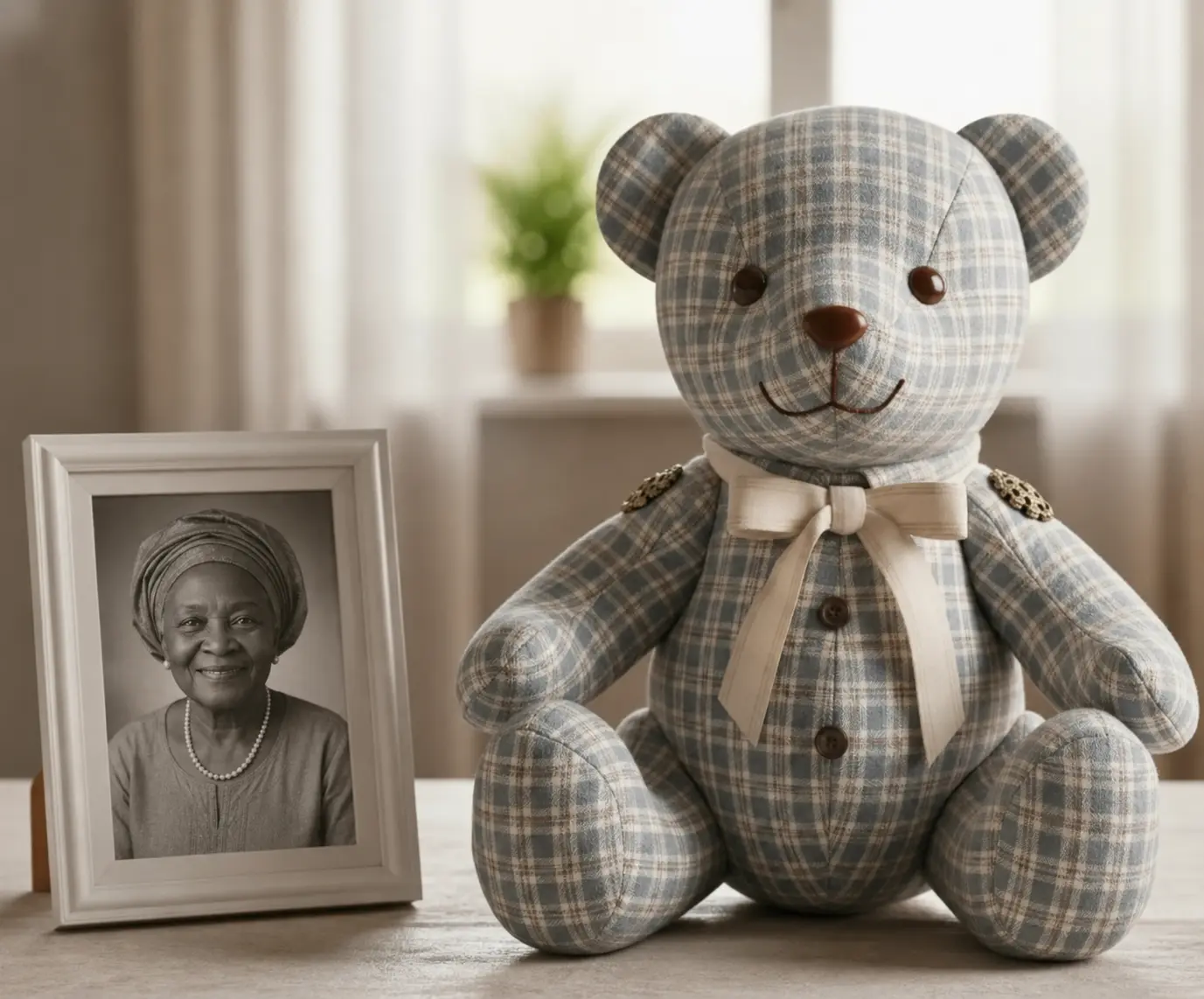 The bear next to a framed photo